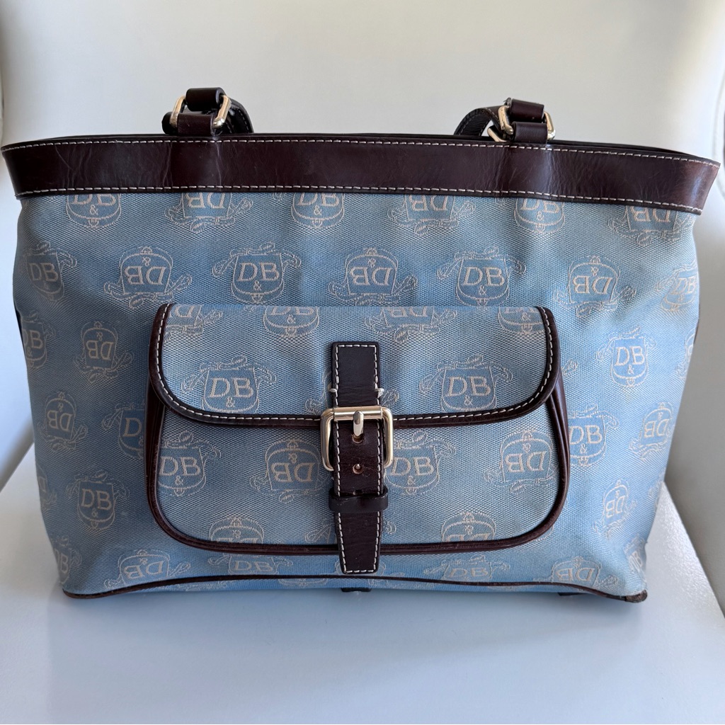 Dooney & Bourke East/West Donegal Crest Blue Canvas Brown Trim Satchel Bag